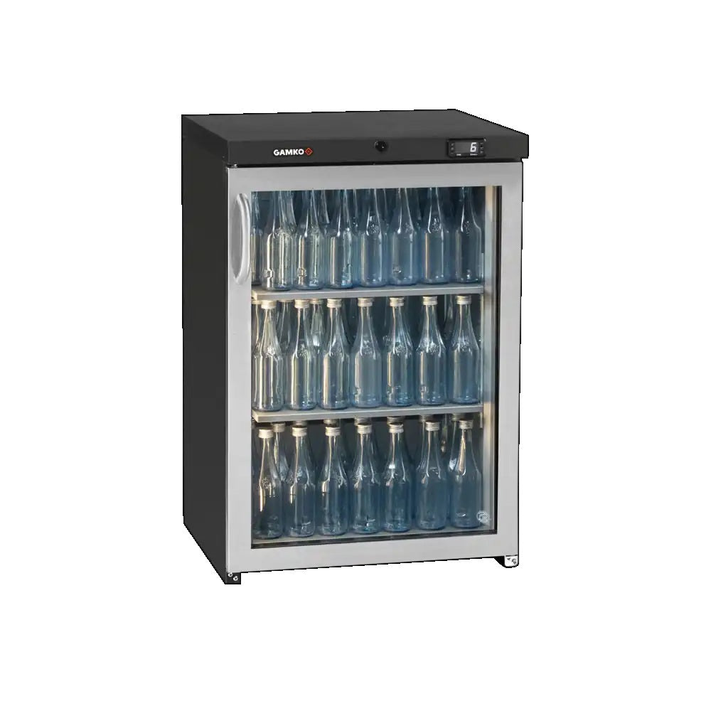 Gamko Single Door Bottle Cooler (MG3/150) in black with silver door frame right hinge