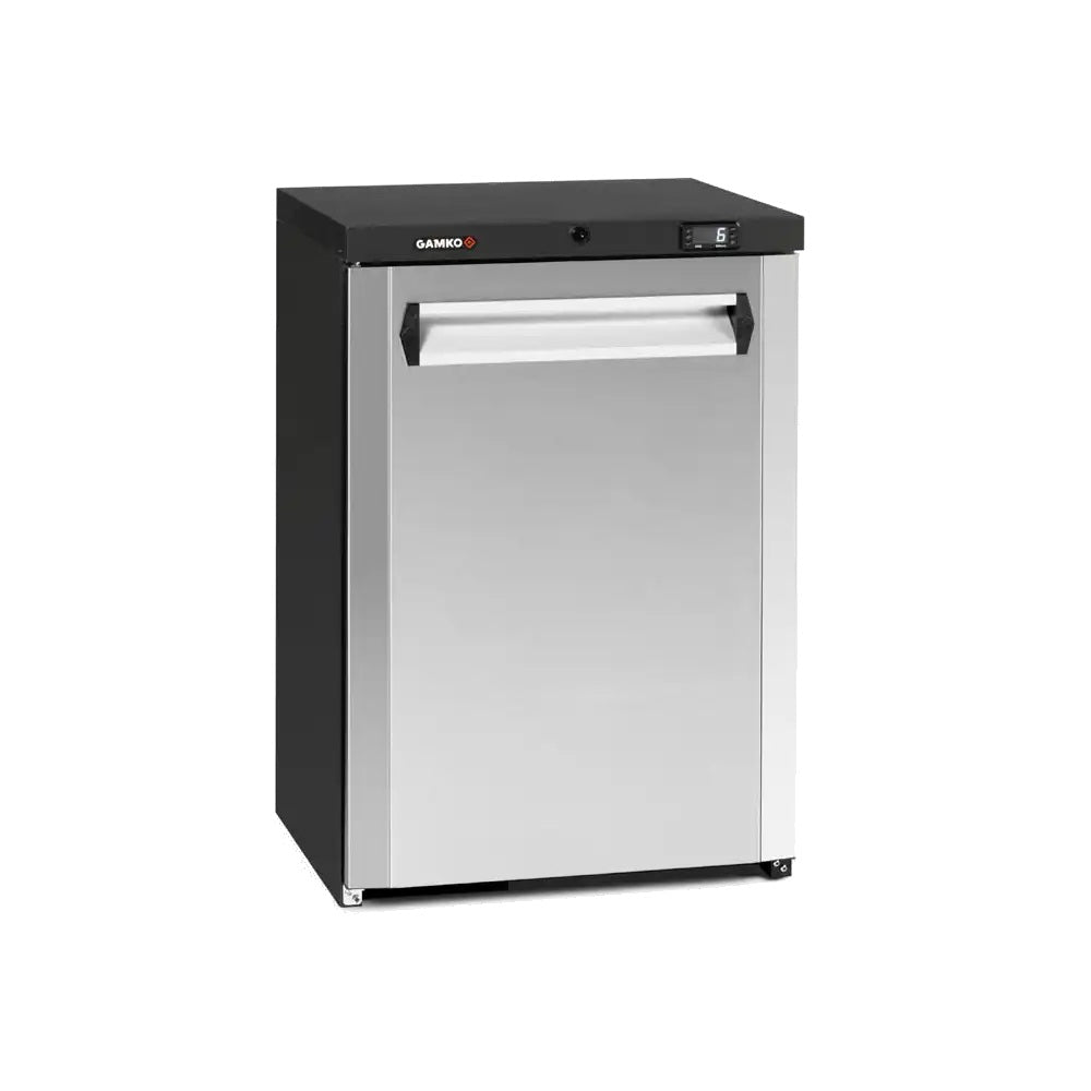 Gamko Single Door Bottle Cooler (MG3/150) in black with solid stainless steel door