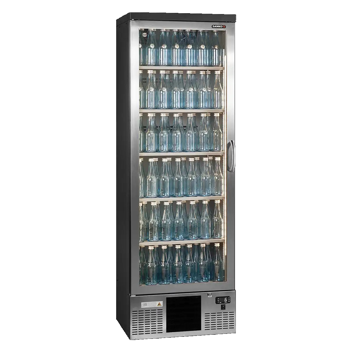 Gamko Upright Bottle Cooler (MG3/300) with silver door frame and left hand hinge