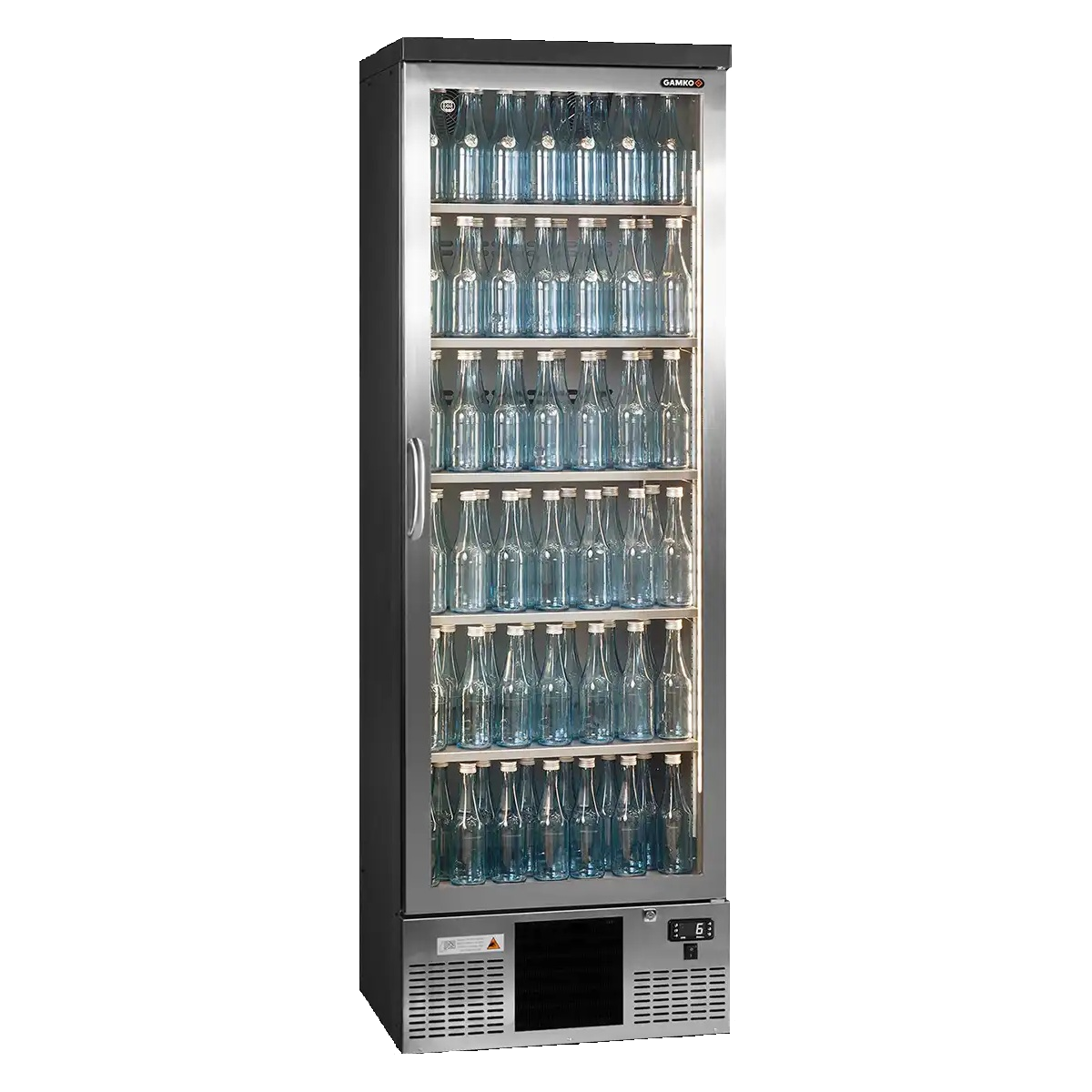Gamko Upright Bottle Cooler (MG3/300) with silver door frame and right hand hinge