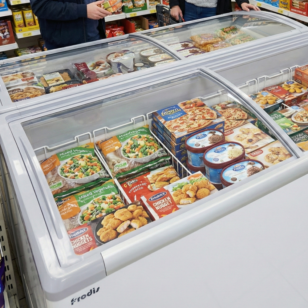 Prodis 546L Display Chest Freezer (NVC5) full of frozen goods in a convenience store