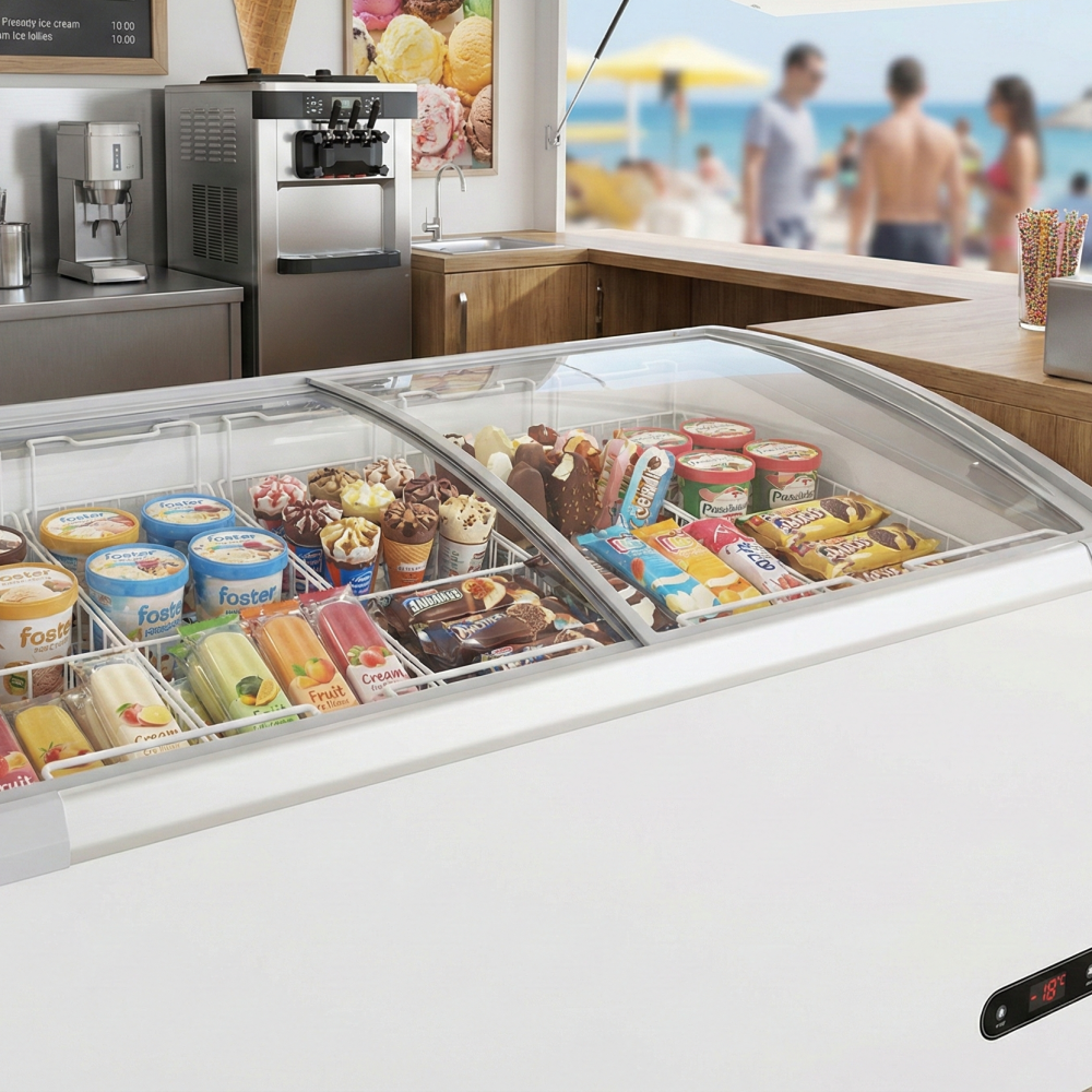Prodis 546L Display Chest Freezer (NVC5) full of ice cream in a beach cafe