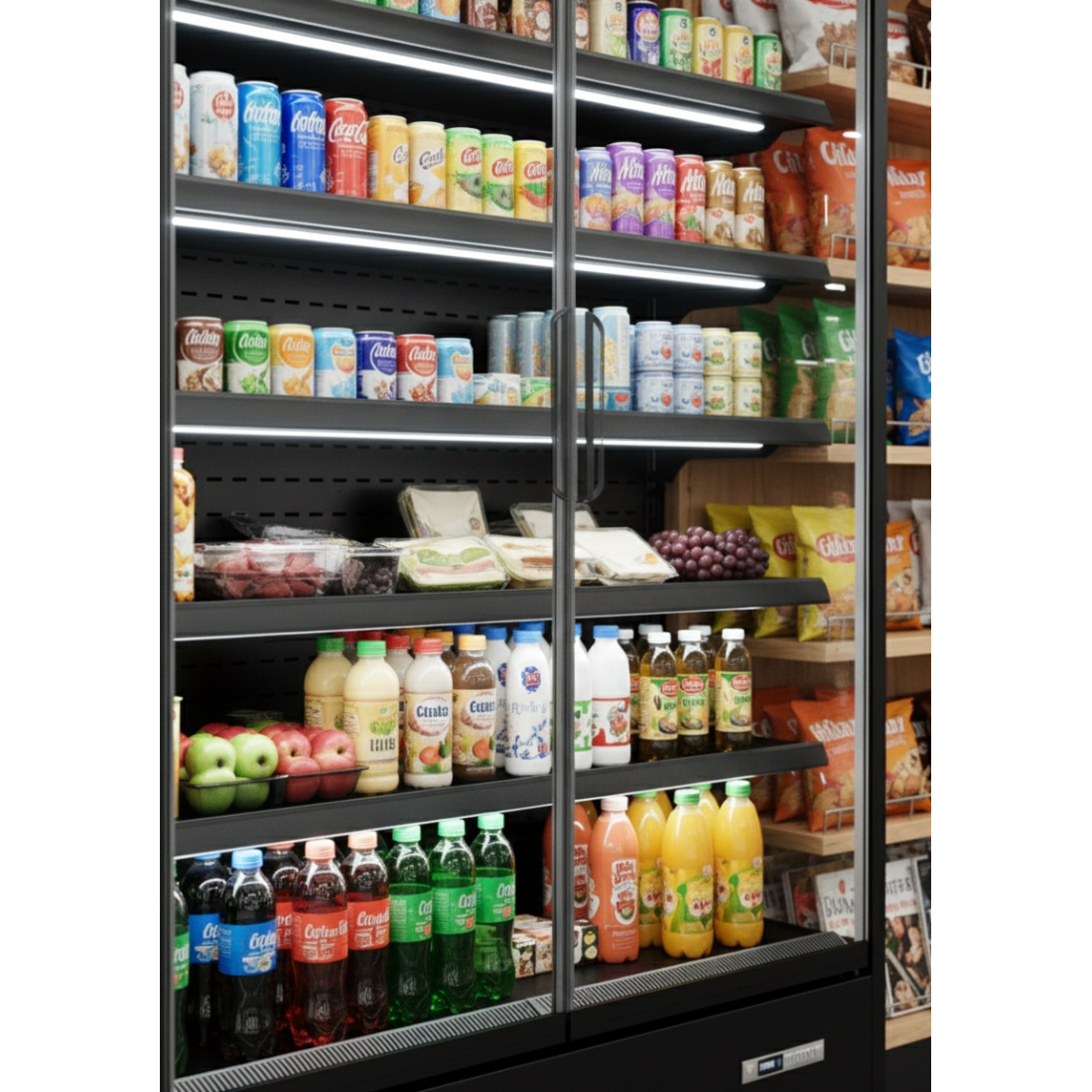 Prodis 1310mm Refrigerated Multideck, Black (XMD1250-MK2-K) in a convenience store, customer view