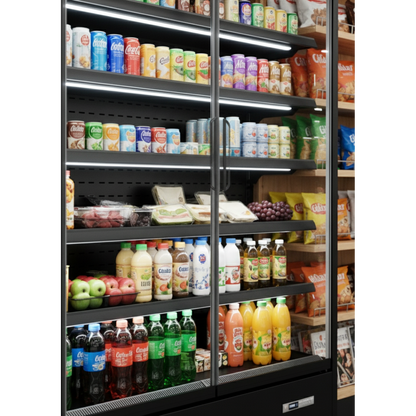 Prodis 1310mm Refrigerated Multideck, Black (XMD1250-MK2-K) in a convenience store, customer view