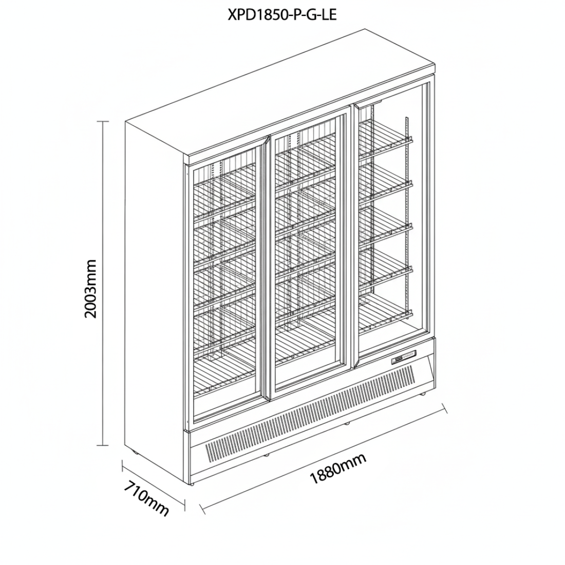 Prodis 1664L Triple Door Refrigerator (XPD1850-P-G-LE) dimensions diagram